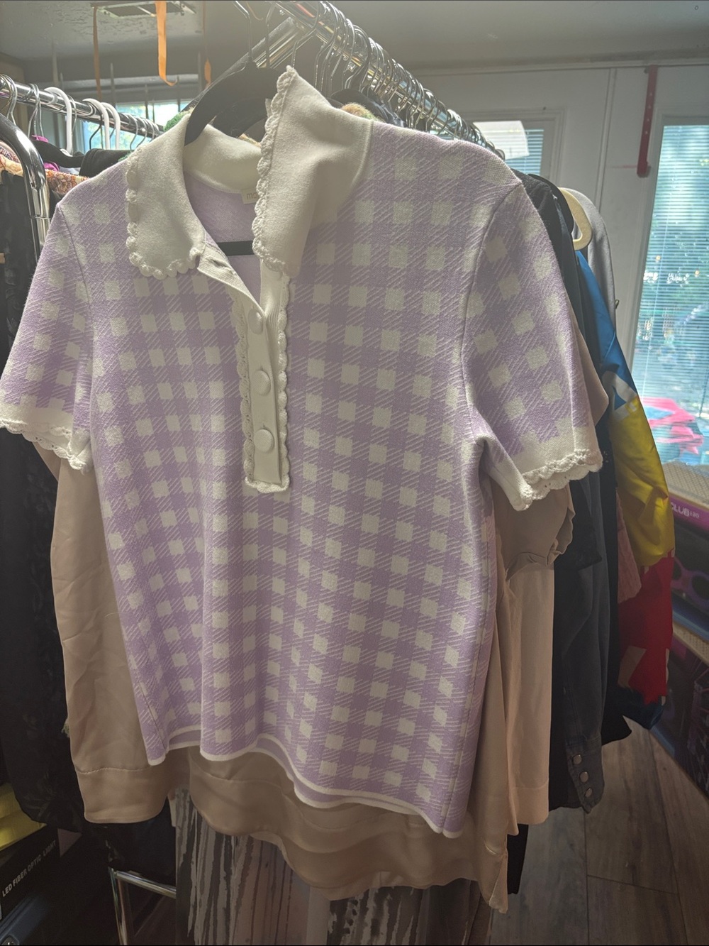 Maje woman’s Lavender Gingham Collared Knit Top with Scalloped Trim - Picture 9 of 9